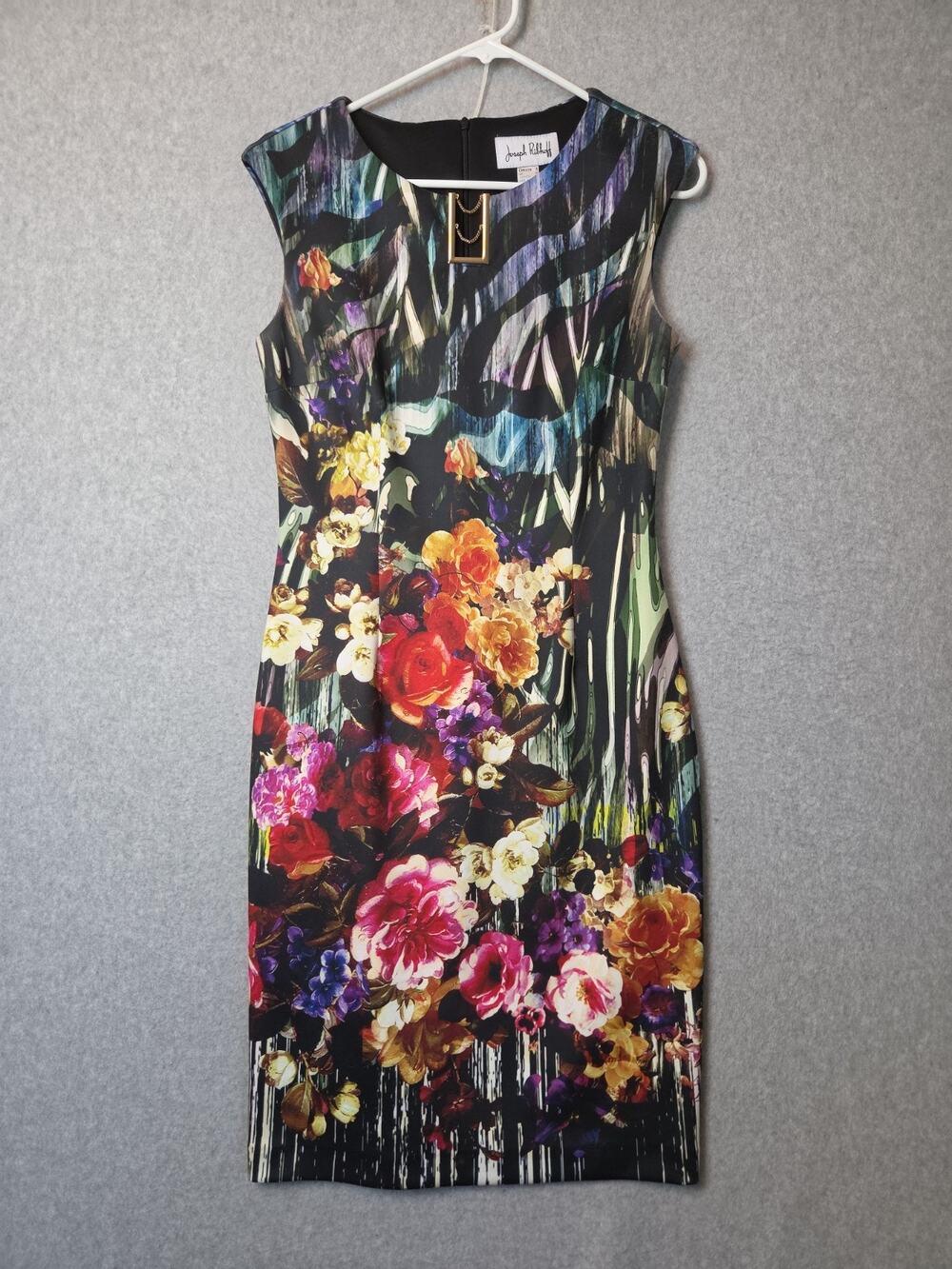 Joseph Ribkoff Multicolor Floral Sleeveless Midi Sheath Dress Women's 8 Stretch